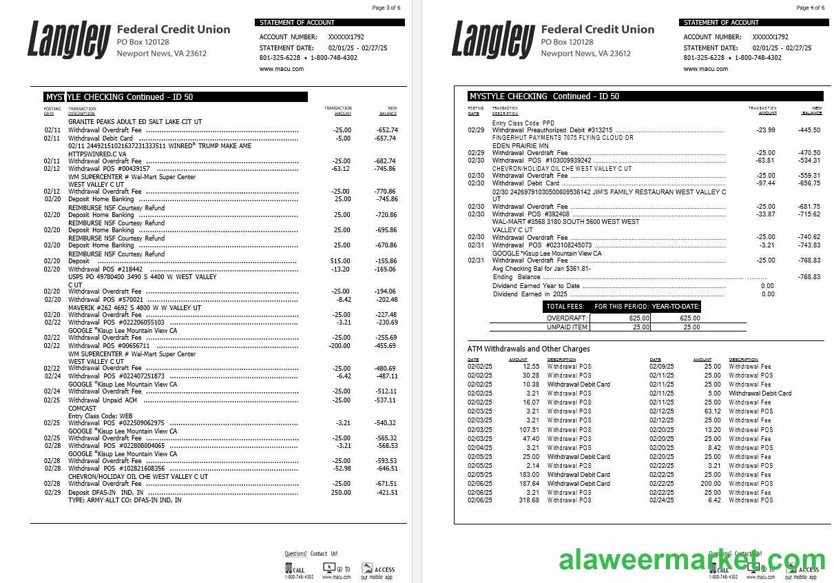 USA Langley Federal Credit Union bank statement, 6 pages 2